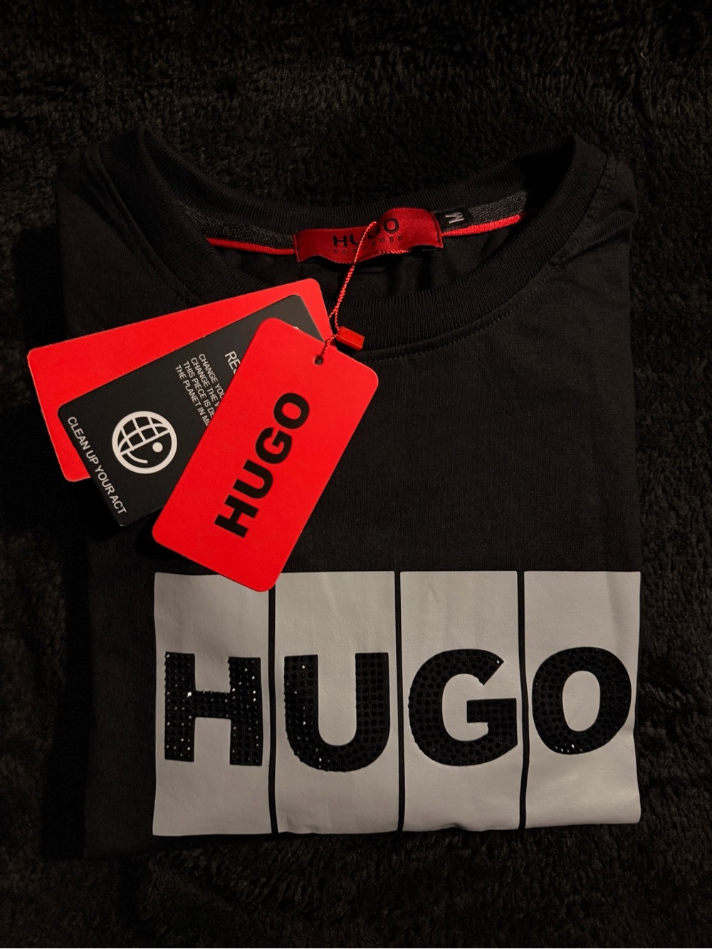 HUGO Black Crewneck T-Shirt with White Block Logo and Red Tags